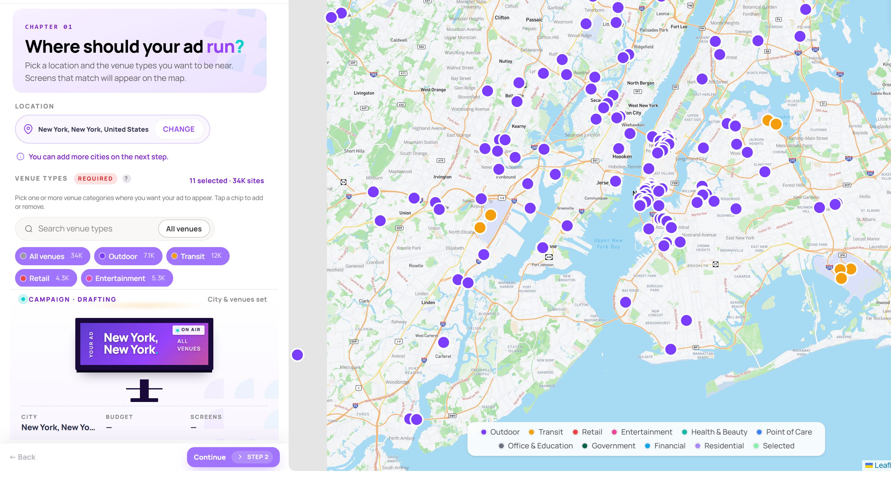 Instant Book console showing venue selection and screens on the New York map